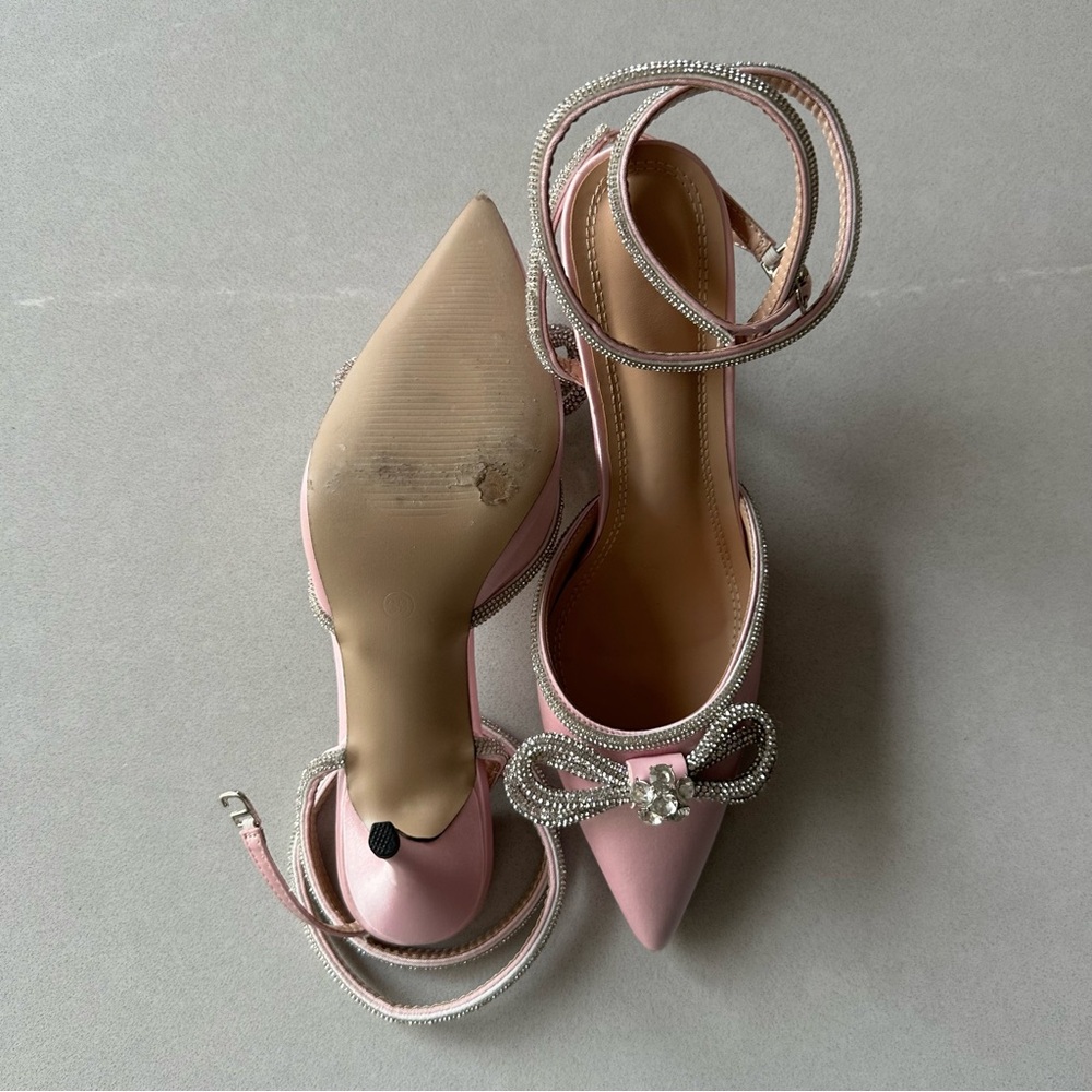 Light Pink Satin & Rhinestones Heels with Ankle Strap - Size 39 (US 8.5) - Picture 4 of 4